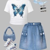 Resim 2 adet Yaz Kız Modası Rahat Kıyafet - 3D Kelebek Baskılı T-Shirt & Sahte Kot Şort Takımı, Makine Yıkamalı, Normal Beden ile Sahte Cep, Tatil & Rahat Yaz Gezileri için İdeal, Anneler Günü Hediyesi, Rahat Yaz Kıyafeti|Kelebek Baskılı Üst|Poliester Karışımı, Kelebek Dekoru, Dış Mekan için 