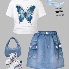 Resim 2 adet Yaz Kız Modası Rahat Kıyafet - 3D Kelebek Baskılı T-Shirt & Sahte Kot Şort Takımı, Makine Yıkamalı, Normal Beden ile Sahte Cep, Tatil & Rahat Yaz Gezileri için İdeal, Anneler Günü Hediyesi, Rahat Yaz Kıyafeti|Kelebek Baskılı Üst|Poliester Karışımı, Kelebek Dekoru, Dış Mekan için 