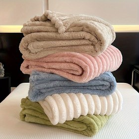 Resim 1 adet Geleneksel Şeritli Peluş Battaniye, Kalın Çift Taraflı Polar, Tüm Mevsim Çok Amaçlı Örgü Polyester, Makinede Yıkanabilir, 250-300gsm 