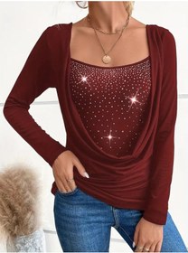 Resim Hazego Kadın Uzun Kollu Derin Degaje Yakalı Taşlı Sandy Bluz Bordo 