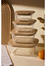 Resim Locky Bamboo 4'lü Kare Cam Saklama Kabı Seti Kahverengı Bambu 