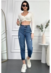 Resim Mavi Yıpratmalı Kadın Boyfriend Jean Yüksek Bel Kot Pantolon Mabel Model 001 