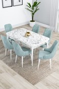 Resim Canisa Kar Serisi 80x132 Açılabilir Mdf Beyaz Mermer Desenli Mutfak Masası Takımı 6 Su Yeşili Sandalye 
