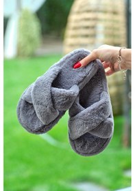 Resim Tonny Black Çapraz Peluş Kadın Füme Ev Terliği Tbtbr005 Füme 