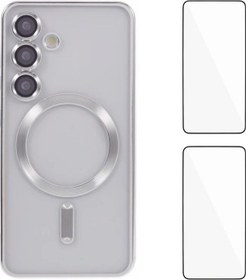 Resim Samsung Galaxy Uyumlu S25 Plus / S25+ Manyetik Kılıf Elektroliz Kaplama Tpu Kapak Lens Filmi + 2 Adet Temperli Cam - Gümüş Gümüş 