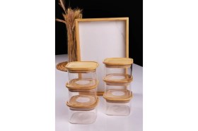 Resim Duo 400ML 6'lı Bambu Beyaz Mermer Desen Tepsili Bambu Vakumlu Kapaklı Cam Kahvaltılık 