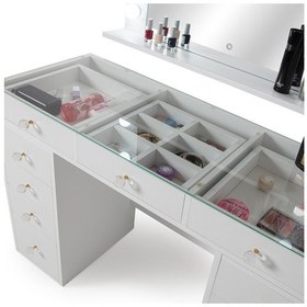 Resim Dokunmatik Led Aynalı Camlı 11 Çekmeceli Takı Bölmeli Kulis Makyaj Masası Beyaz Beyaz 