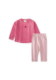 Resim Çizgili Triko Kız Bebek Takım 0-3 Yaş Pudra Mercan Çizgili Pudra 