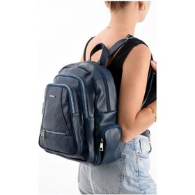 Resim Suni Deri Kadın Sırt Çantası 35 25 Cm Mega Bag Günlük Kullanıma Uygun Çok Cepli İçi Astarlı Lacivert 