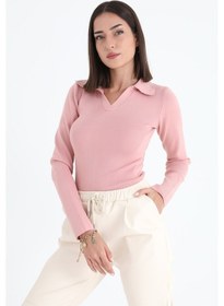 Resim Uzun Kol Polo Yaka Triko - Pudra - Kadın 