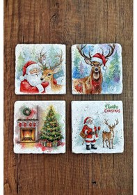 Resim Doğal Taş Bardak Altlığı - Mery Christmast Baskılı 10x10cm Yeni Yıl Stone Coasters 493 Çok Renkli 