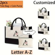 Resim Willowhaven 2 Adet Kişiselleştirilmiş Tote Çanta Ve Bozuk Para Cüzdanı Seti, Baş Harfli Büyük Kapasiteli Çiçek Baskılı Hediye Çantası Cff-beyaz Ve Siyah Dikiş Model 