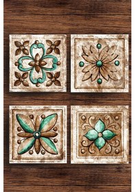 Resim Baskılı Doğaltaş Bardak Altlığı 4'lü Set - Hint Desenli Doğal Taş Bardak Altı Çok Renkli 