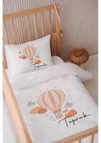 Resim %100 Pamuk Saten Isme Özel Isimli 100x150 Bebek Yatak Nevresim Seti Turuncu Balon Ve Bulutlar 