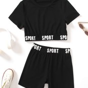 Resim Bahar ve Yaz için Dış Mekan Kullanımı için Düz Renkli Mektup Desenli Kısa Kollu Spor Üst ve Şort Takımı 