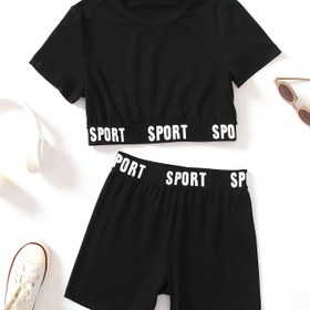 Resim Bahar ve Yaz için Dış Mekan Kullanımı için Düz Renkli Mektup Desenli Kısa Kollu Spor Üst ve Şort Takımı 