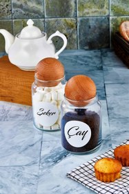 Resim FBZhome 2'li Ahşap Top Kapaklı Çay Şeker Kavanozu 800 Ml Etiketli Cam Saklama Kabı 