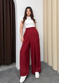 Resim Pileli Arka Beli Lastikli Geniş Paça Filamlı Keten Palazzo Pantolon 8980 - Bordo - Bordo / S 