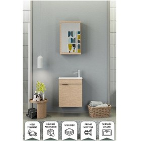 Resim Biani Fix Loft 50 Cm Seramik Lavabolu, Aynalı, Banyo Dolabı, Lavabo Dahil, Mdf,Aybe Bej 
