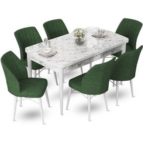 Resim Canisa Concept Fer Serisi 70x114 Açılabilir Beyaz Mermer Desen Masa Takımı Ve 6 Haki Yeşil Sandalye 