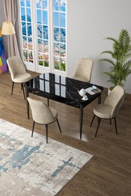 Resim Canisa Concept Zen Serisi 80x132 Mdf Açılabilir Siyah Mermer Desen Masa Takımı Ve 4 Krem Sandalye 