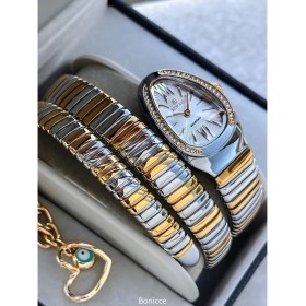 Resim Kalından Inceye Doğru Taşlı Yılan Saat (2 Tur),kibar Kasa (24 Çap),3 Atm Gold/gri Çelik Kordon 