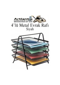 Resim 4 Lü Metal Evrak Rafı Siyah 1 Paket Masaüstü A4 Dosya Düzenleyici Kağıt Tepsisi Metal Çelik Fileli Dört Katlı Hareketli Siyah 