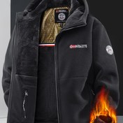 Resim Erkek Kış Sıcak Fleece Kapüşonlu Ceket, Nakışlı Harf Yazısı, Fermuar Kapatma, Kapüşonlu Rahat Rüzgar Geçirmez Ceket, Soğuk Hava İçin, Casual Kıyafet İçin Çok Yönlü Stil, Polyester Astarlı İç 