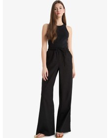 Resim Defacto Wide Leg Çift Cepli Beli Lastikli Standart Boy Keten Karışımlı Siyah Pantolon E1981ax25smbk27 Siyah 
