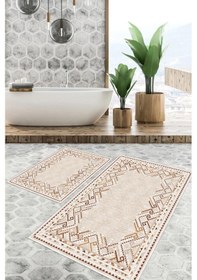 Resim Dijital Baskı Kilim Desen Kaymaz Taban 2li Set Banyo Paspası Klozet Takımı 50x60cm-60x100cm Krem 
