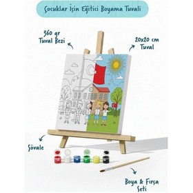 Resim Okul Ve Türk Bayrağı Temalı Çocuk Boyama Tuvali Şövaleli Eğitici Boyama Seti 20x20 Cm 