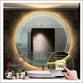 Resim Dnr-MirrorDnr-Mirror 70 cm Günışığı Ledli Tasarım Kumlamalı Dokunmatik Bluetoothlu Buğu Önleyicili Makyaj Banyo Aynası 