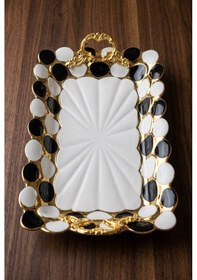 Resim Kulplu Lüks Porselen Sunum Tepsisi 35.5x22.5 Cm Dikdörtgen Tepsi Siyah-beyaz Beyaz - Altın 