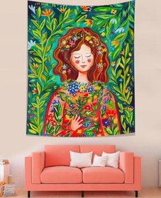 Resim Pelangi Çiçekler İçindeki Kız Relax Mistik Leke Tutmaz Kumaş Duvar Örtüsü Duvar Halısı Tapestry PNTR040, 35 x 50 