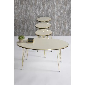 Resim Gold Falez Orta Sehpa ve Zigon Sehpa Elips Set Çift Gold Krem Tel Ayak 