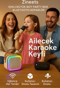 Resim Zineets Işıklı Yüksek Ses Party Box Bluetooth Hoparlör Taşınabilir Şarjlı Ses Sistemi Kablosuz Karaoke Mic 