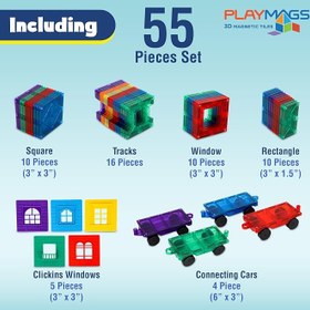 Resim Playmags 55 Parça Manyetik Blok Tren Seti | 4 Tren Dahil Dayanıklı ve Yaratıcı STEM Eğitim Oyuncağı | Çocuklar için uygun 