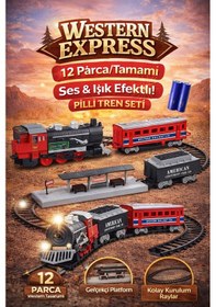 Resim Western Express Pilli Tren Seti 12 Parça Işıklı Hareketli Klasik Tren Macerası 