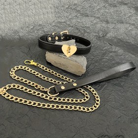 Resim 1 adet Lüks Siyah Deri Evcil Hayvan Kolyesi ve Tasma Seti Altın Kalp Fermuar ile - Ayarlanabilir, Moda, Eğitim ve Yürüyüş için Dayanıklı 