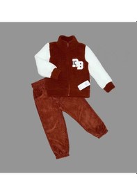 Resim 1-2-3 Yaş Kuzu Kumaş Fermuarlı Sweat Kadife Pantolonlu Uzun Kollu Kız Erkek Çocuk 2li Takım Kahveren Kahverengi 
