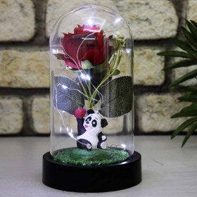 Resim Mobgift Gül Altında Kalp Tutan Panda Tasarımlı Işıklı Fanus (Kırmızı) 
