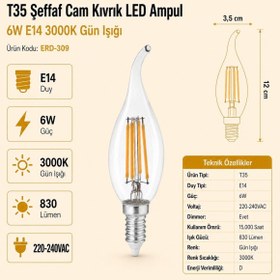 Resim HEKA T35 Şeffaf Cam Kıvrık LED Ampul 6W E14 3000K Gün Işığı ERD-309 