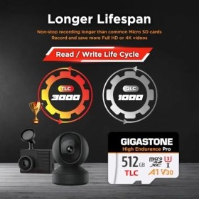 Resim Gigastone Gıgastone 512 GB Mikro Sd Kart, High Endurance Pro, 140/120 Mb/s'ye Kadar, Redtiger Rove Vivofo Vantrueeo Arifayz Dashcam, Uhs-I A1 V30 U3 Tlc Microsdxc ile Uyumlu 