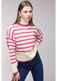 Resim Sââde Çizgili Balıkçı Yaka Oversize Triko Kazak Pembe 