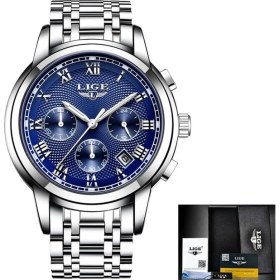 Resim Hanyang Gümüş Mavi Çelik Yeni Lıge Saatler Erkekler Lüks Marka Kronograf Erkekler Spor Saatler Su Geçirmez Tam Çelik Kuvars Erkek Saati Relogio Masculino + Kutusu (Yurt Dışından) 