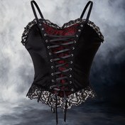 Resim Kadın Y2K Gotik Bağcıklı Korset Üstü - Siyah ve Kırmızı Kontrast Kadife, Askılı ve Bağcılı Detaylar, Yumuşak Kenar, Tüm Mevsim Modası, Moda Korset | Kontrast Bağcılı Üst | Bağcılı Detaylar 