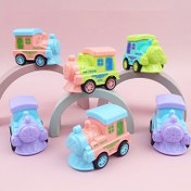 Resim 4 adet çocuk oyuncakları, çizgi film mini eğlenceli küçük tren oyuncağı, makaron renkli tren vagonu, küçük hediye ödül oyuncağı küçük tren, taşıması kolay lokomotif oyuncaklar 