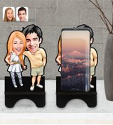 Resim Bk Gift Kişiye Özel Sevgililer Karikatürlü Ahşap Biblo Telefon Standı-98 