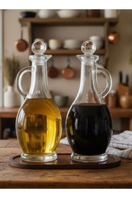 Resim Rembox Bambu Standlı Kulplu Yağdanlık Seti – 2’li 500 ml Orta boy Kristal Tıpalı (Koyu Renk Altlıklı 