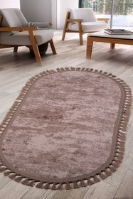 Resim Bonny Home Nova Kahve Oval Leke Tutmaz Yıkanabilir Kaymaz Ponpon Saçaklı Püsküllü Yumuşak Salon Oda Halısı 